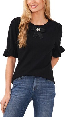 Women's Cotton Bow Elbow-Sleeve Crew Neck Sweater