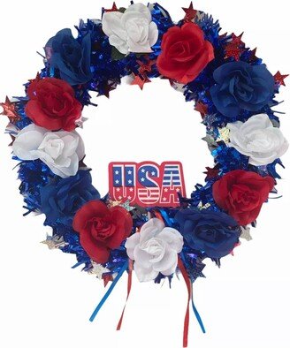 Lighted Red White Blue Wreath, USA Flag Roses Floral Patriotic Tinsel Fourth Of July Labor Day Veterans Decor