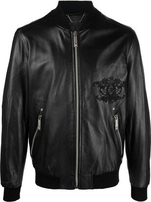 Leather Embroidered-Logo Bomber Jacket