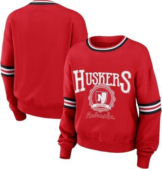 Women's Wear by Erin Andrews Red Distressed Nebraska Huskers Vintage-Like Pullover Sweatshirt