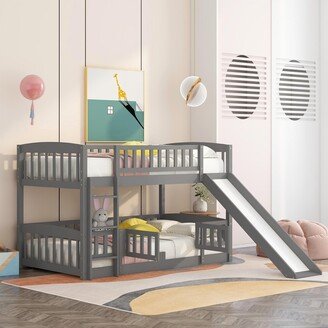 DECO Bunk Bed with Slide,Twin Over Twin Low Bunk Bed with Fence and Ladder for Toddler Kids Teens Espresso