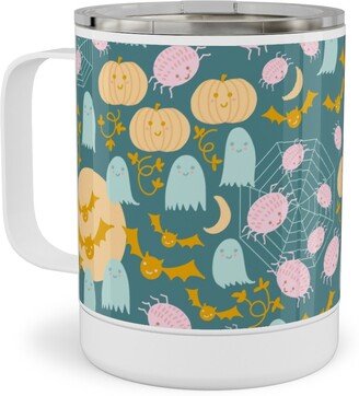 Travel Mugs: Cute Pastel Halloween Scene In Candy Colors - Pumpkin Ghost Spider Web Bat - Multi Stainless Steel Mug, 10Oz, Multicolor