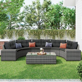 TOSWIN 8-pieces Outdoor Wicker Round Sofa Set, Half-Moon Sectional Sets All Weather, Curved Sofa Set With Rectangular Coffee Table