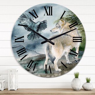 Designart 'Wolf And A Raven On A Hill Under Falling Snow' Traditional wall clock