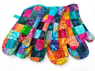 Colorful Quilted Batik Fabric Oven Mitt With Patchwork