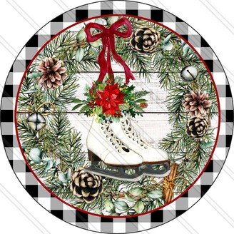 Ice Skates Sign - Christmas Wreath Pine Cones Jingle Bells Metal Round