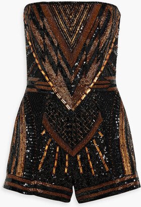 Strapless embellished tulle-paneled crepe playsuit