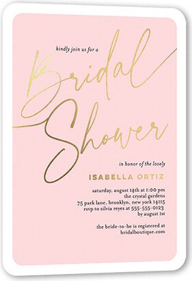 Bridal Shower Invitations: Written On Rose Bridal Shower Invitation, Gold Foil, Pink, 5X7, Matte, Personalized Foil Cardstock, Rounded