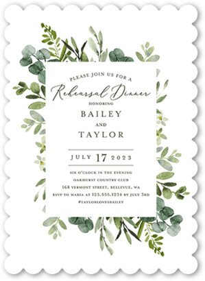 Rehearsal Dinner Invitations: Rehearsed In Greenery Rehearsal Dinner Invitation, White, 5X7, Pearl Shimmer Cardstock, Scallop