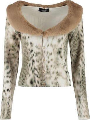 Animalier Print Faux Fur Collared Cardigan