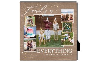 Desktop Plaques: Family Script Overlap Collage Desktop Plaque, Rectangle Ornament, 5X5, Brown