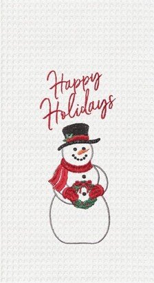 Happy Holiday Snowman Embroidered Waffle Weave Kitchen Towel