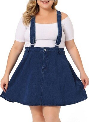 Agnes Orinda Women's Plus Size Adjustable Strap Jeans Suspender Cross Back Mini Denim A-Line Skirts Dark Blue 1X