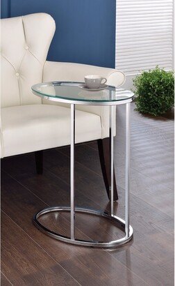 Stylish Oval Shaped Metal Snack Table With Glass Top, Silver