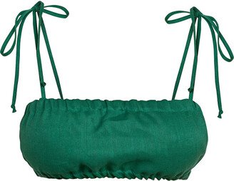 Cliché Reborn Spaghetti Strap Rushed Linen Crop Top In Green