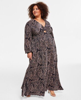 Nina Parker Trendy Plus Size Keyhole Printed Pleated Jersey Maxi Dress - Portabella/black Beauty