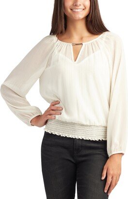 Juniors' Split-Neck Smocked-Hem Top