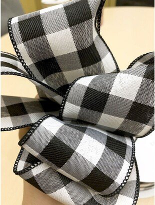 White And Black Plaid Wired Ribbon