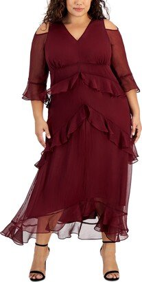 Plus Size V-Neck Ruffle-Trim Chiffon Dress