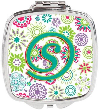 CJ2011-SSCM Letter S Flowers Pink Teal Green Initial Compact Mirror