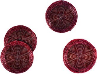 Red Color Glass Beaded Coaster - 4 Drinks Black Round Decor Quality Beads Coasters Gift Ideas