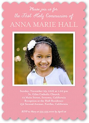 First Communion Invitations: Perfectly Framed Girl Communion Invitation, Pink, Pearl Shimmer Cardstock, Scallop