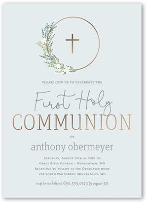 First Communion Invitations: Circled Cross Boy Communion Invitation, Grey, 5X7, Standard Smooth Cardstock, Square