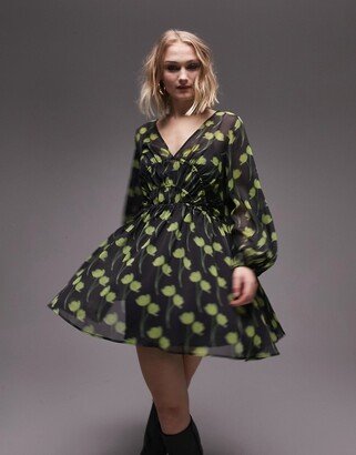 gathered waist printed mini dress in green