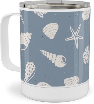 Travel Mugs: Seashells Summer Beach - Dusty Blue Stainless Steel Mug, 10Oz, Blue