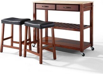 Wood Top Kitchen Prep Cart with 2 Upholstered Saddle Stools