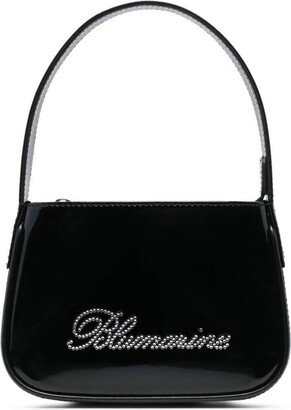 Black Patent Finish Mini Bag With Rhinestone-embellished Logo In Calf Leather Woman