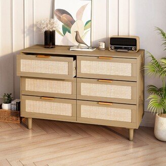 43.31 6-Drawer Rattan Dresser for Living Room and Bedroom, Natural