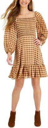 Petites Womens Plaid Smocked Fit & Flare Dress