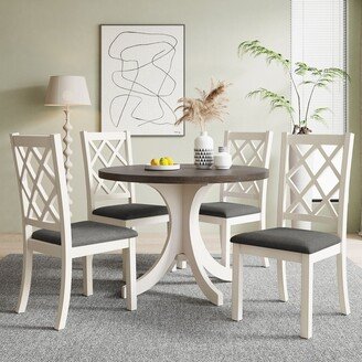 NOVABASA 5 Piece Dining Table Set, Wooden Round Table With 4 Upholstered Chairs, Kitchen Table Set