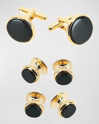 Men's 24K Yellow Gold Black Onyx Round Cufflink Stud Set