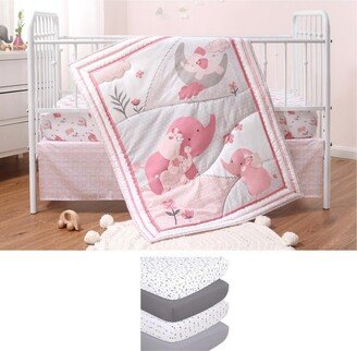 The Pink Elephant 7 Piece Baby Nursery Crib Bedding Set, Quilt, Crib Sheets, and Crib Skirt - Pink/grey