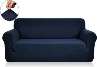 Jacquard Polyester Spandex Box Cushion Dark Blue Loveseat Slipcovers