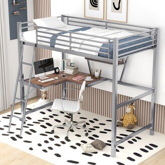 EDWINRAY Stylish Twin Size Loft Bed with Desk and Shelf for Kids, Silver