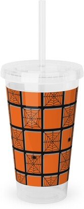 Travel Mugs: Orange Plaid Spider Webs Acrylic Tumbler With Straw, 16Oz, Orange