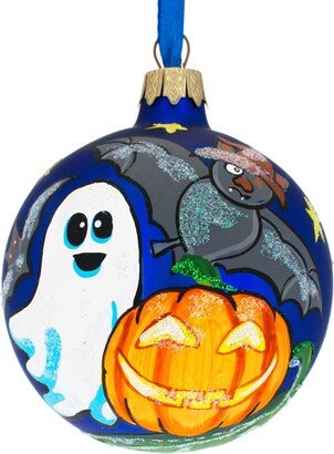 Ghost & Bat Glass Ball Halloween Ornament 3.25 Inches