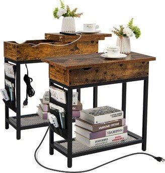 Tangkula 2PCS End Table Charging Station Industrial Nightstand Flip Top Side Pocket USB