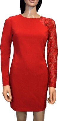 Lace Long Sleeves Knee Length Detailed Sheath Dress In Red