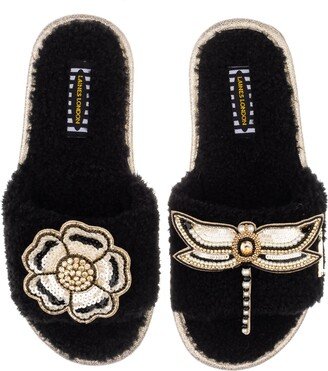 Laines London Teddy Towelling Slipper Sliders With Dragonfly & Flower Brooches - Black