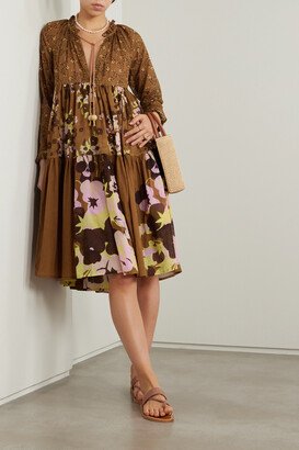 Net Sustain Tie-detailed Tiered Floral-print Cotton-voile Midi Dress - Brown