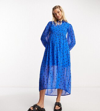 Wednesday's Girl Maternity tiered polka dot midi smock dress in blue