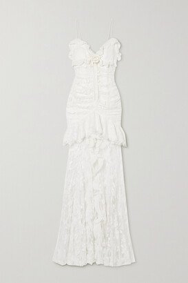 Embellished Ruffled Cotton-blend Lace Gown - White