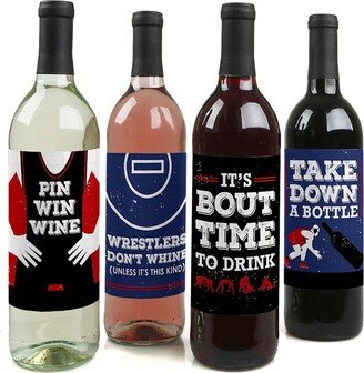 Big Dot Of Happiness Own the Mat - Wrestling - Party Decor - Wine Bottle Label Stickers - 4 Ct