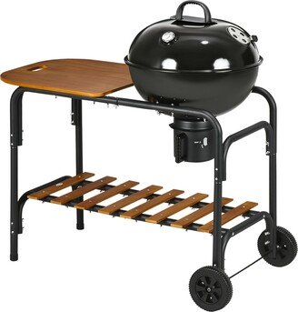 Charcoal Grill Bbq, Rolling Backyard Barbecue with Chopping Block Table, a Cutting Board, Shelf, Wheels, Vents & Thermometer, Black