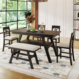 EDWINRAY Rustic Style 6-Piece Wood Counter Height Dining Table Set with Storage Shelf, Kitchen Table Set with Bench and 4 Chairs