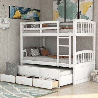 NINEDIN Twin Over Twin Bunk Bed with Ladder, Safety Rail, Twin Trundle Bed with 3 Drawers, Guest Room Furniture, No Box Spring Needed